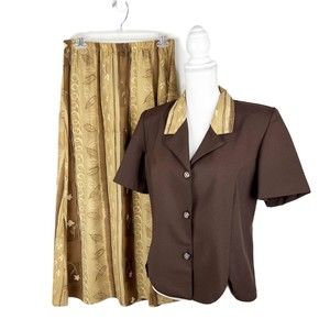 Elisabeth Skirt Set Women 14 Petite Brown Short Sleeve Button Up Maxi Career